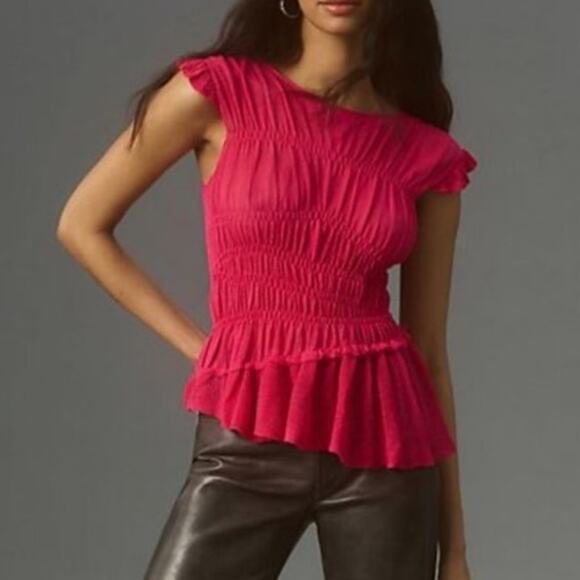 By Anthropologie Sheer Smocked Ruffled Asymmetrical Hot Pink Sweater Tank Small - Picture 1 of 9